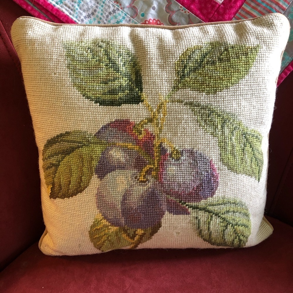 Vintage Handmade Needlepoint Plum Branches & Leaves Accent Pillow Size 13”